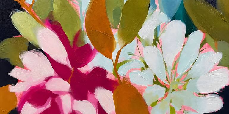 Original Floral Painting by Valentyna Kniazieva | Abstract Art on Canvas | Laughing Flowers #4, pink white flowers abstraction