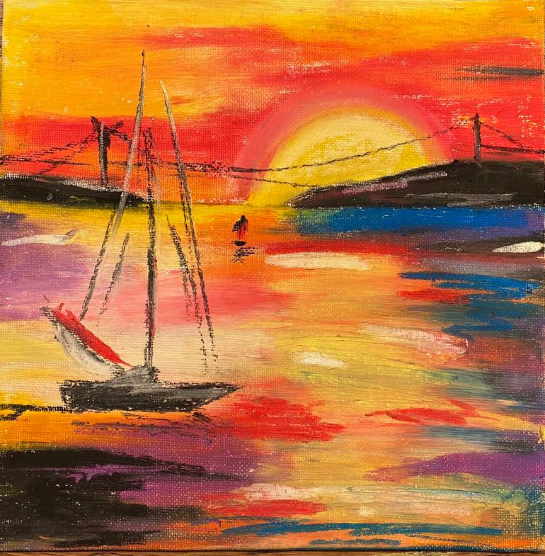 Sunset 20x20cm oil pastel abstract painting seascape framed