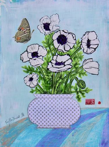 White Anemones with Butterfly Collage Painting thumb