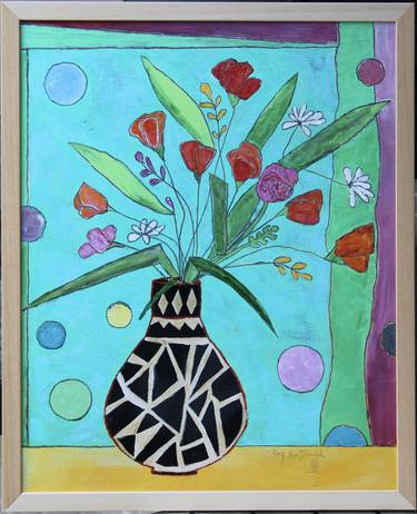 Abstract Floral with Black and White Vase thumb