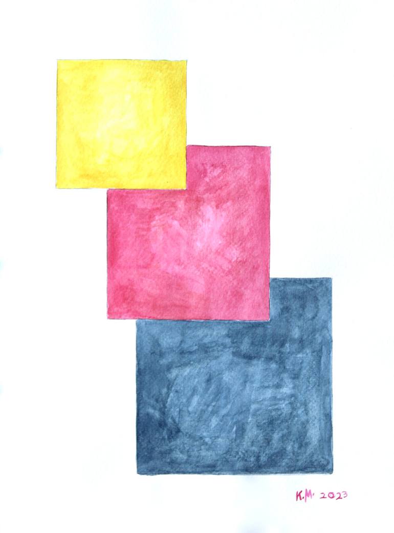 Original Abstract Painting by Kay Macdonald | Geometric Art on Paper | 3 Boxes Yellow Pink and Blue