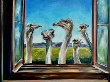 Ostriches Looking Through Window, 80 x 60 cm thumb