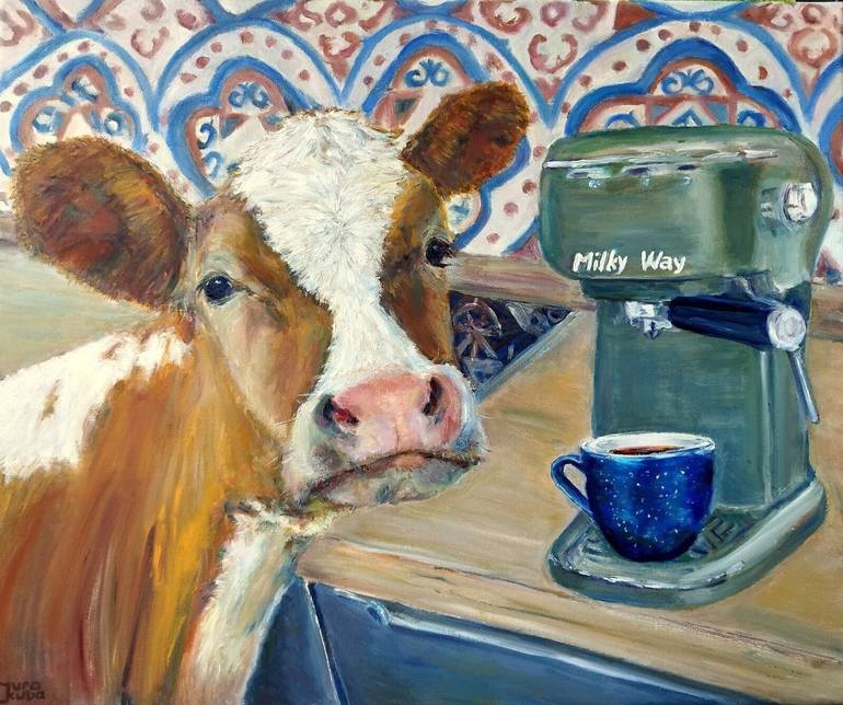 Original Animal Painting by Jura Kuba Art | Contemporary Art on Canvas | Milky Way, The Cow At Home