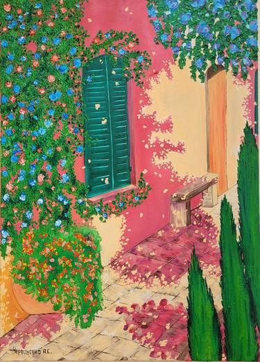 A window to Greece. Architecture. City. Vase. Flowers. Oil thumb
