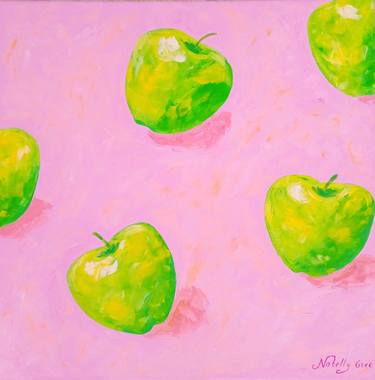 Apples Oil Painting Green Apples on Pink Original Art thumb