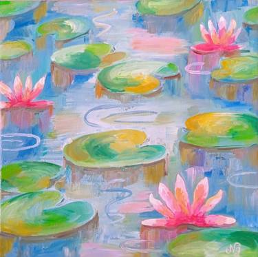 Lotus Oil Painting Water Lily in Pond Canvas Original Art thumb