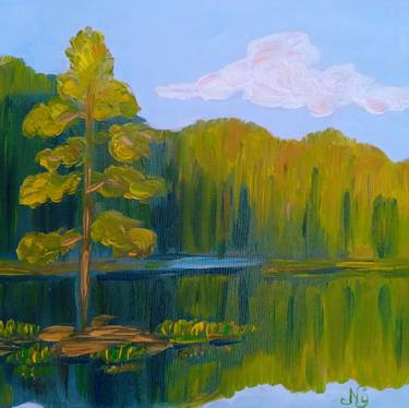 Pine Oil Painting Forest Pond River Pine Tree Art Canvas thumb
