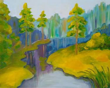 Pine Forest Oil Painting Canvas Tree Pond River Art thumb