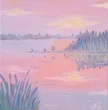 Lake Landscape Oil Painting Original Art Small Seascape Art thumb