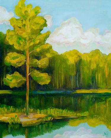 Pine at Pond Oil Painting Canvas Pine Trees Forest Art thumb