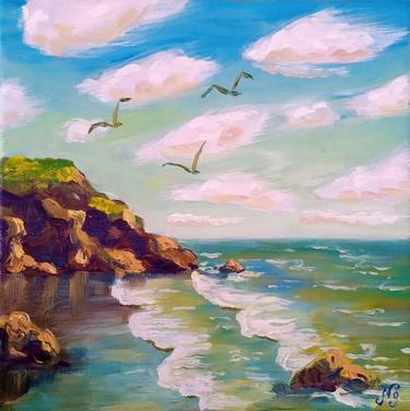 Seascape Oil Painting Canvas Original Art Sea Birds Art thumb