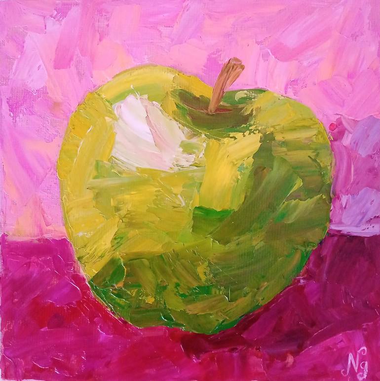 Original Food & Drink Painting by Natelly Gree | Abstract Art on Canvas | Green Apple Oil Painting Fruit Art Apple Minimalist Textured