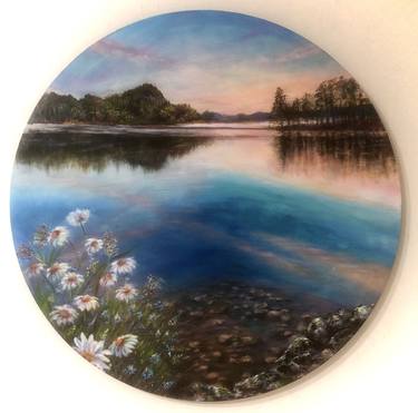"Sunset on the Lake."  Landscape on a circle form thumb