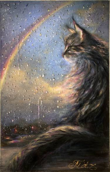 "A Cozy Evening".  A Maine Coon and a Rainbow thumb