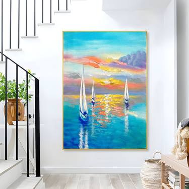 Seascape painting, Sailboat painting,Sunrise Sunset artwork thumb