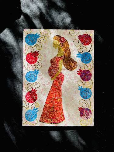 Pregnant woman in a red dress glass mosaic thumb