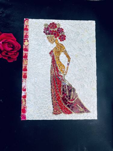 Woman in a red dress with flowers diadem glass mosaic thumb