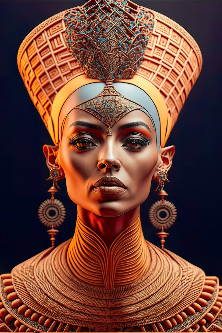 Terracotta Nefertiti Against Intricate Metal Filigree - Print