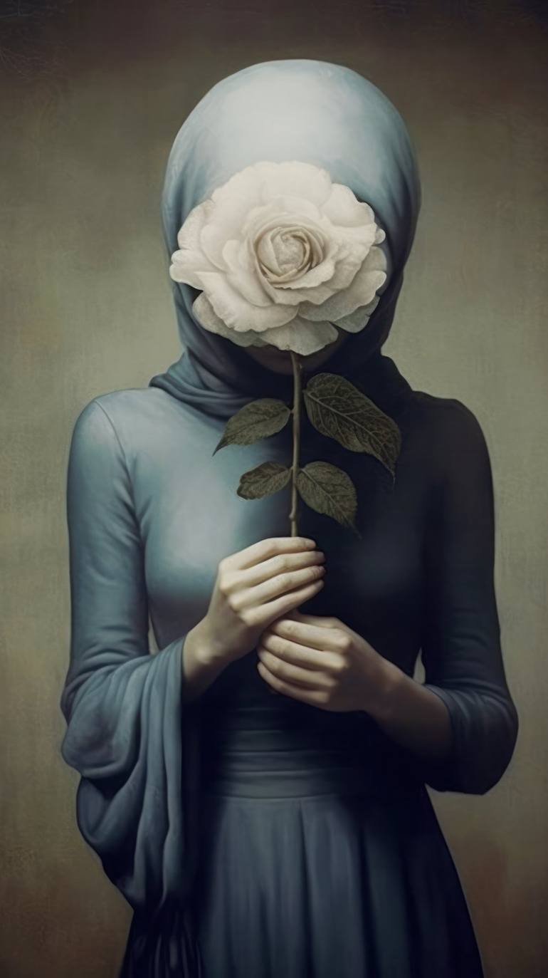 A Moody and Muted Portrait of a Tired Woman Holding a Dark Flower - Print