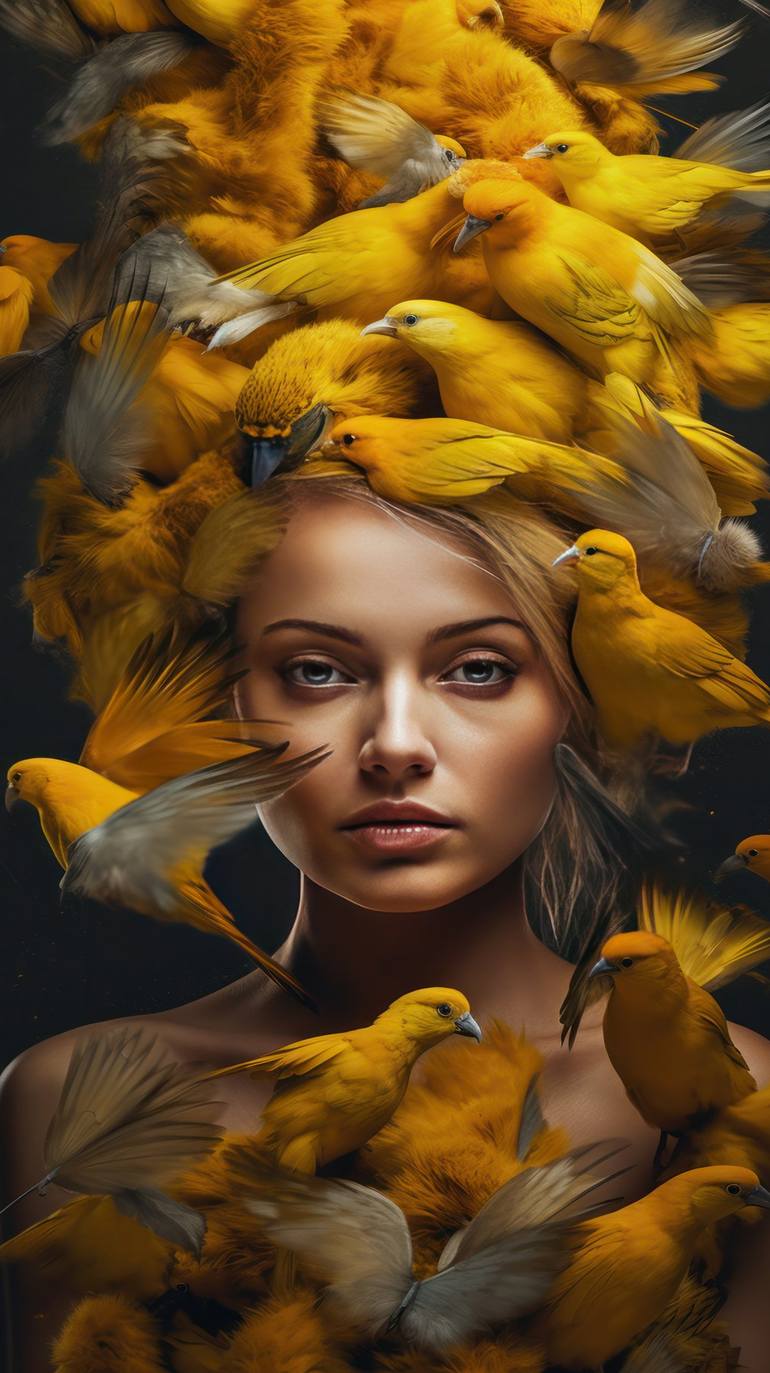 Yellow Parrots and Girl - Print