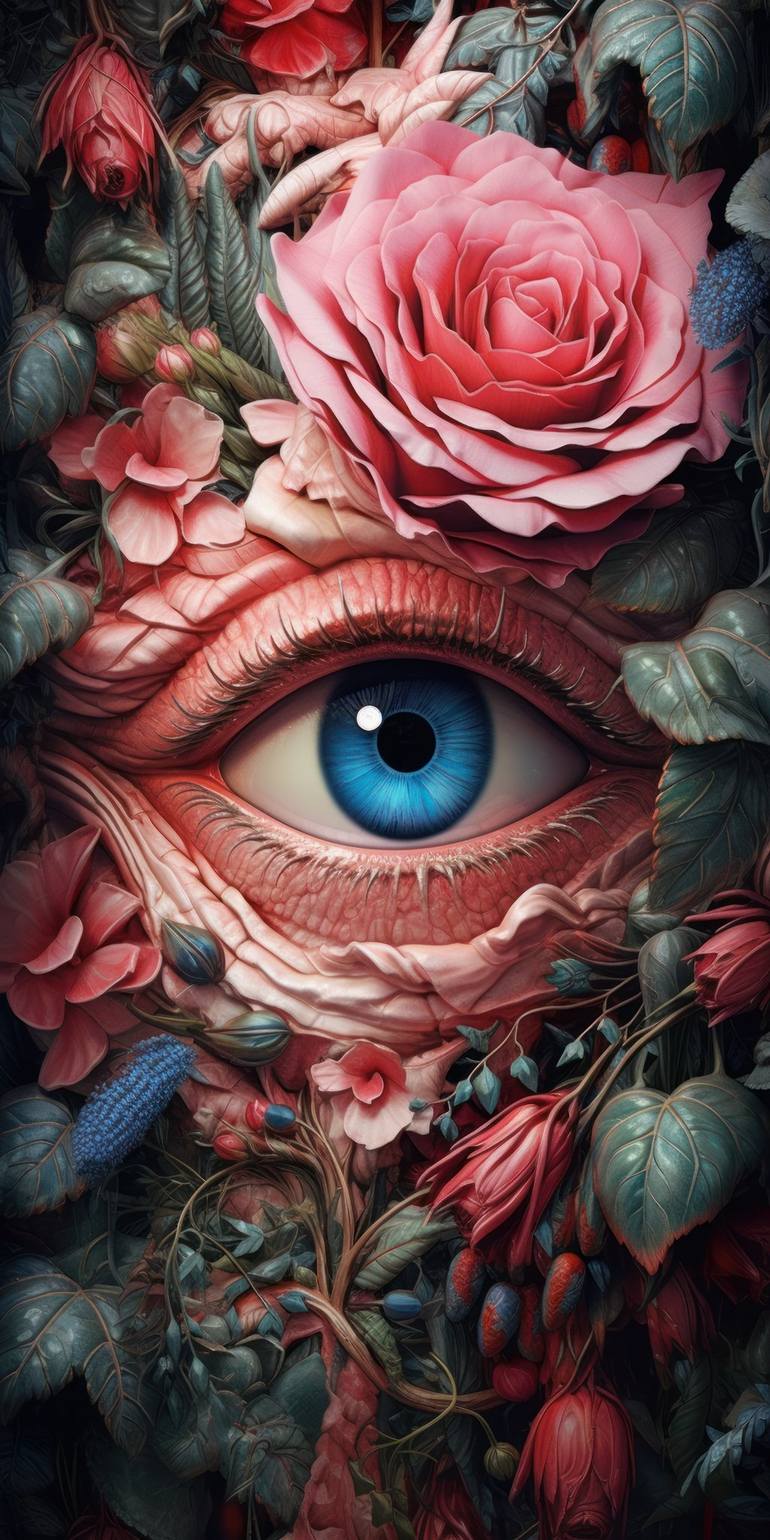 An illustration of a eye surrounded by roses, pink carnations - Print