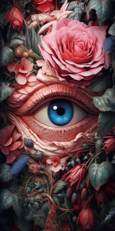 An illustration of a eye surrounded by roses, pink carnations thumb
