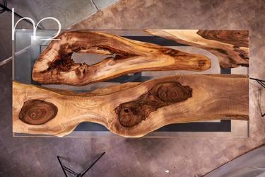 Ancient 250-year Walnut Live Edge Artwork Modern Dining Table thumb