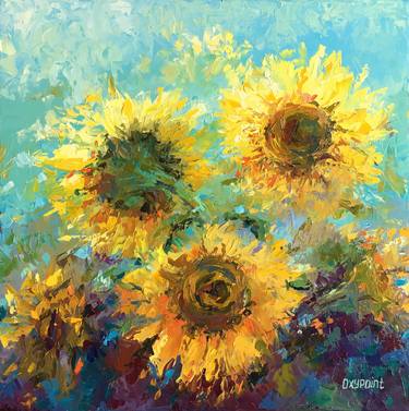 Sunflower field! Impasto painting on round canvas! Ready to hang Acrylic  painting by Amita Dand