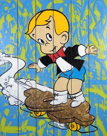 Richie Rich "Skateboarding On A Gold Skateboard" Painting thumb