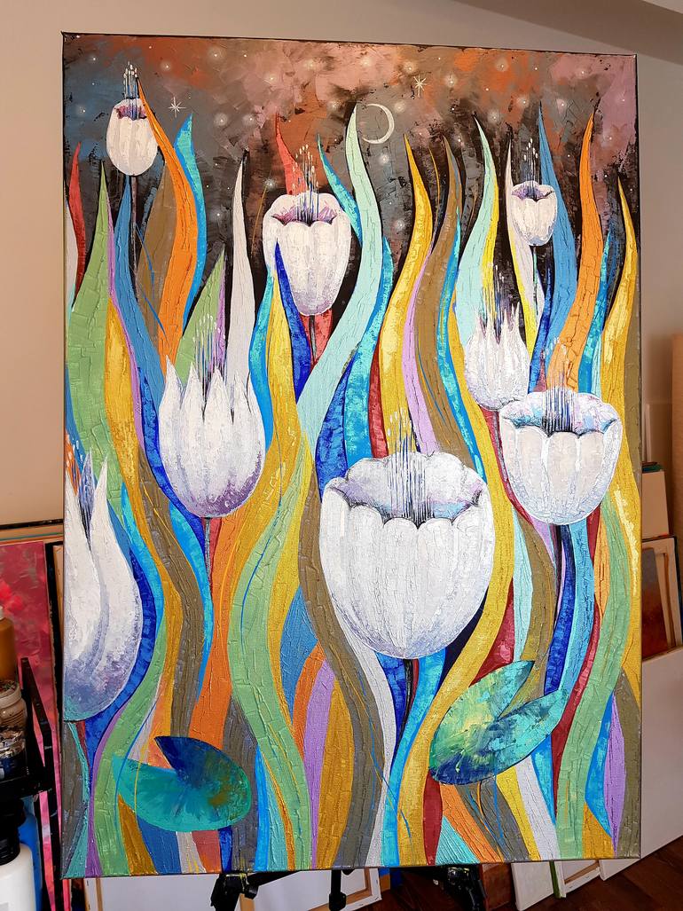 Original Art Deco Floral Painting by Natalia Rozhdestvenskaya