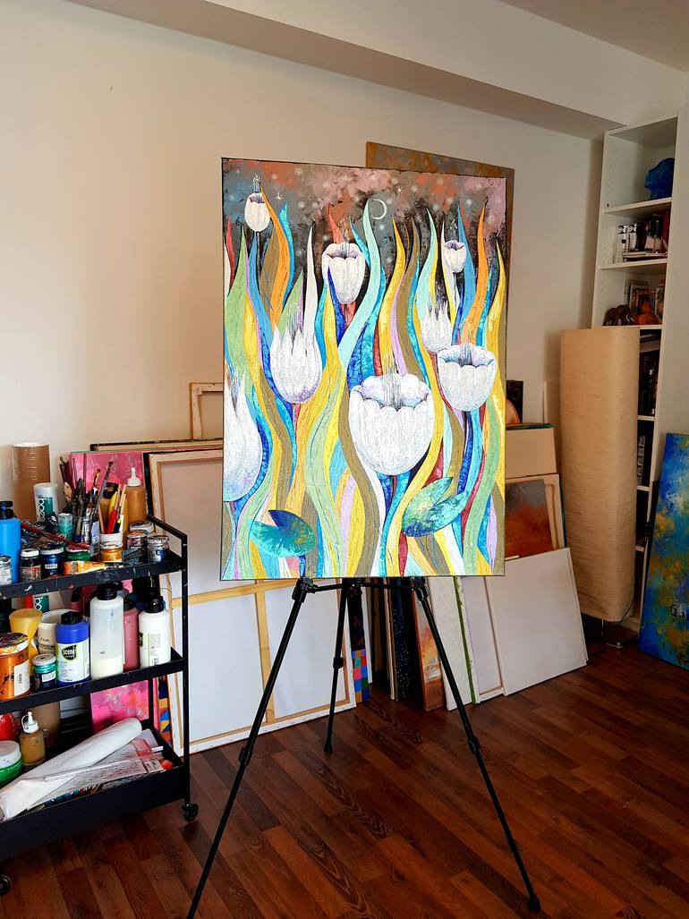 Original Art Deco Floral Painting by Natalia Rozhdestvenskaya