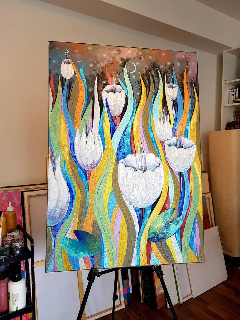 Original Art Deco Floral Painting by Natalia Rozhdestvenskaya