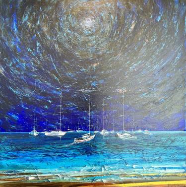 original painting, seascape, yachts in the bay, starry sky thumb