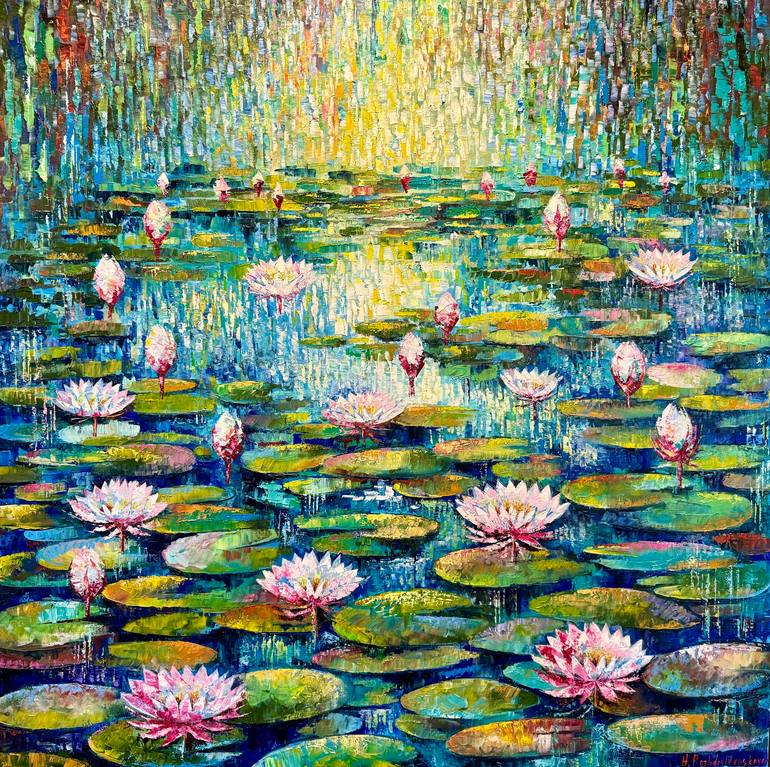 Lily Painting Original Impasto Lake With Lilies Water Lily Art Painting