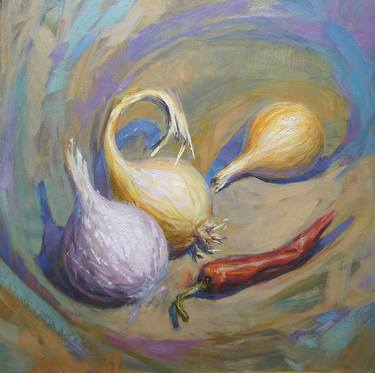Painting Fruit. Bulb onions life. Original Oil Painting 37x37cm thumb