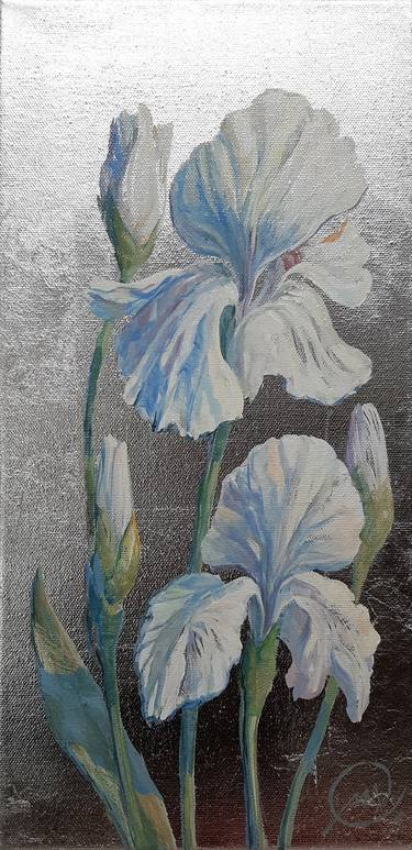 White irises 2 Flowers Oil Painting picture on silver 40.3x20cm thumb