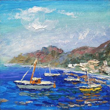 Yachts in the sea Oil painting 6x6 inches(15x15cm) Bright picture thumb