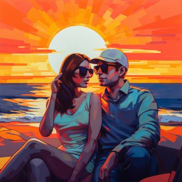 contemporary pop art of a couple in a sunset view thumb