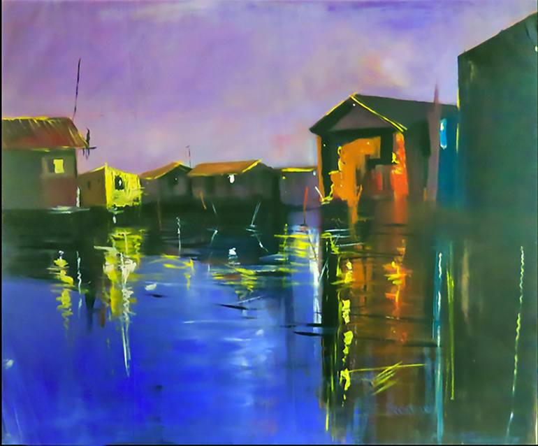 Original Nature Painting by Chukwuma Onyechere | Documentary Art on Canvas | Sunset at The Floating Village
