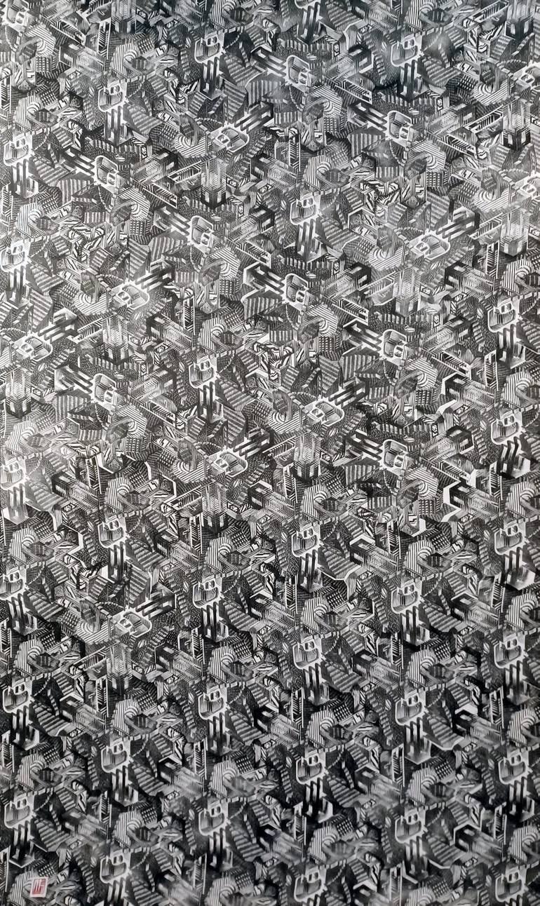 Original Geometric Printmaking by Michael E Voss | Black & White Art on Linen | Blueprint For Silence