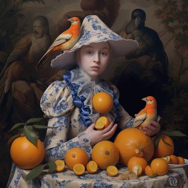 Blue Porcelain Girl with Oranges and Birds thumb