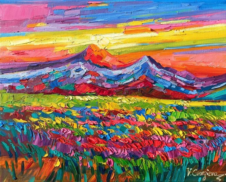 Original Nature Painting by Vanya Georgieva | Abstract Expressionism Art on Canvas | Sunset in the Mountain 2