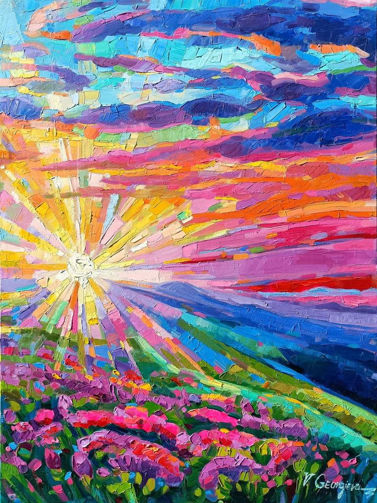 Original Nature Painting by Vanya Georgieva | Contemporary Art on Canvas | Sunset in the Mountain