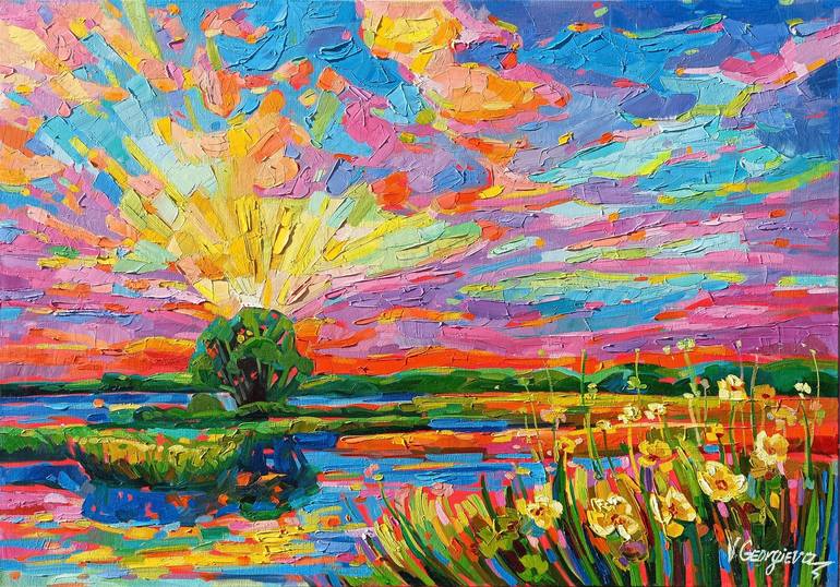 Original Landscape Painting by Vanya Georgieva | Abstract Expressionism Art on Canvas | Sunset on the lake