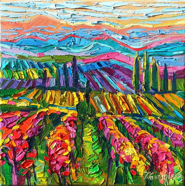 Vineyards and Gold sunset Painting by Vanya Georgieva | Saatchi Art