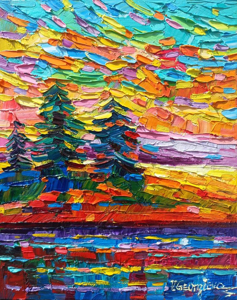 Original Nature Painting by Vanya Georgieva | Modernism Art on Canvas | Sunrise on the lake