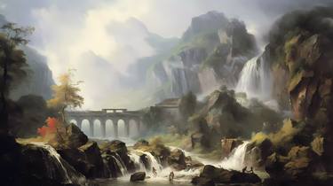 Landscape with bridge and waterfalls thumb