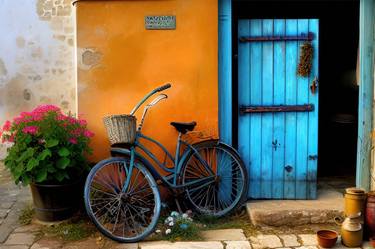 Greek Doors - Blue Door with Bicycle thumb