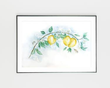 Lemons on a branch, flowers and bees - watercolor painting thumb