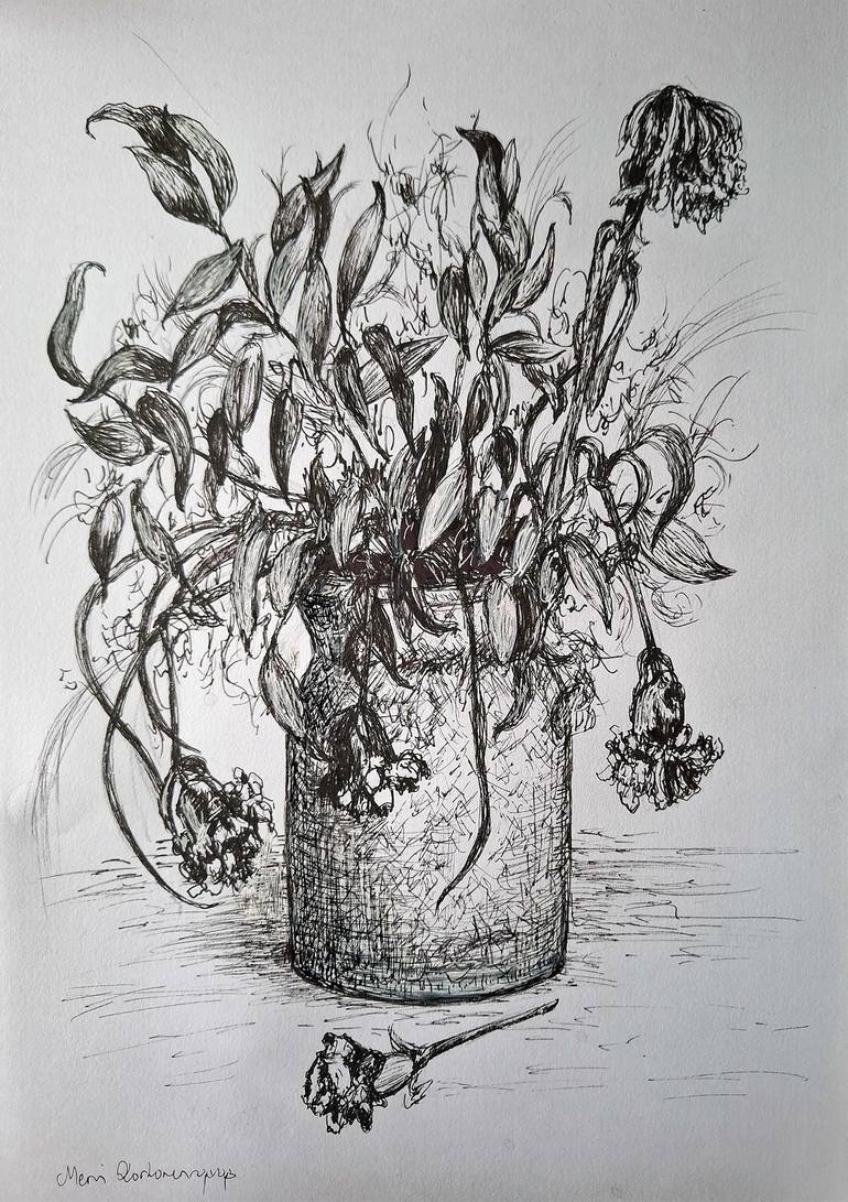 鉛筆画「Cloudy Florence」　B5大サイズ Withered flowers Drawing by Mervi Korhonen | Saatchi Art